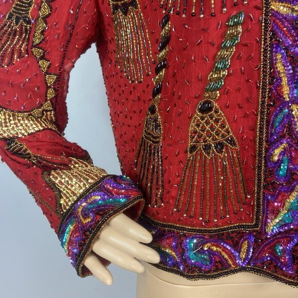 Vintage Laurence Kazar Heavy Beaded Silk Jacket Sz L Formal Tassel Blazer - Picture 5 of 12